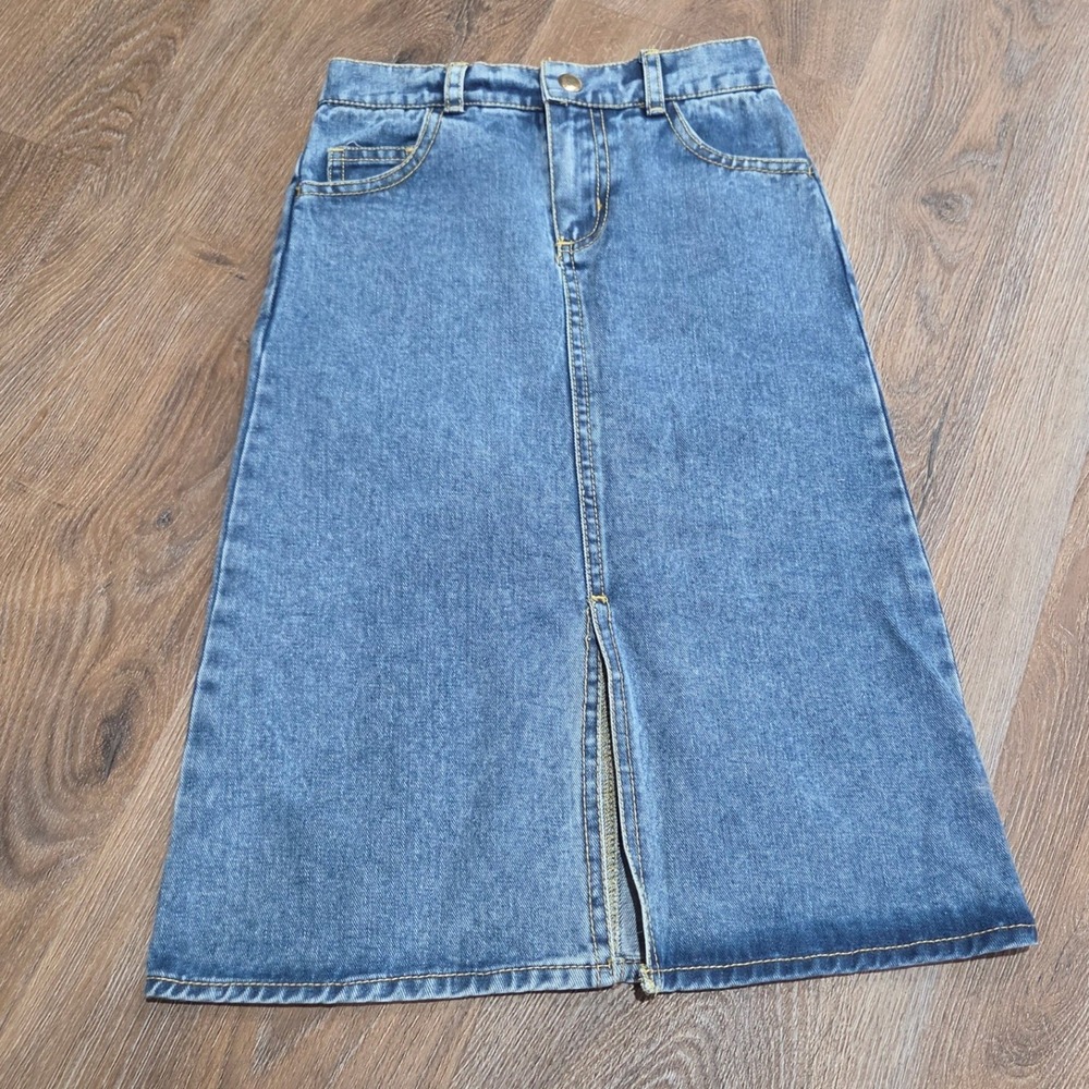 Girls Blue Denim Midi Skirt Medium Wash Front Slit Size 5/6